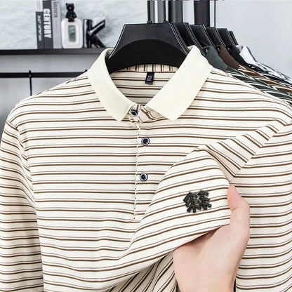 Men's Striped Long Sleeved T-shirt Polo Shirt Button Up Men's Stand Up Collar, Winter Double-sided German Velvet Base Shirt