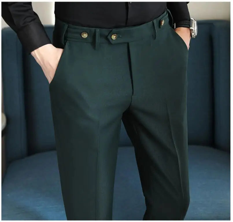 Pure Color Male Business Wedding Dress Pants Fashion Unique Design Men Waist Adjustable Suit Pant No Belt Slim Trousers Homme