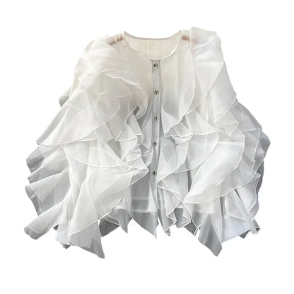 Autumn Blouse for Women Fashion O-neck Long Puff Sleeve Flounced Edge Shirts French Chic Versatile Female Tops Dropshipping
