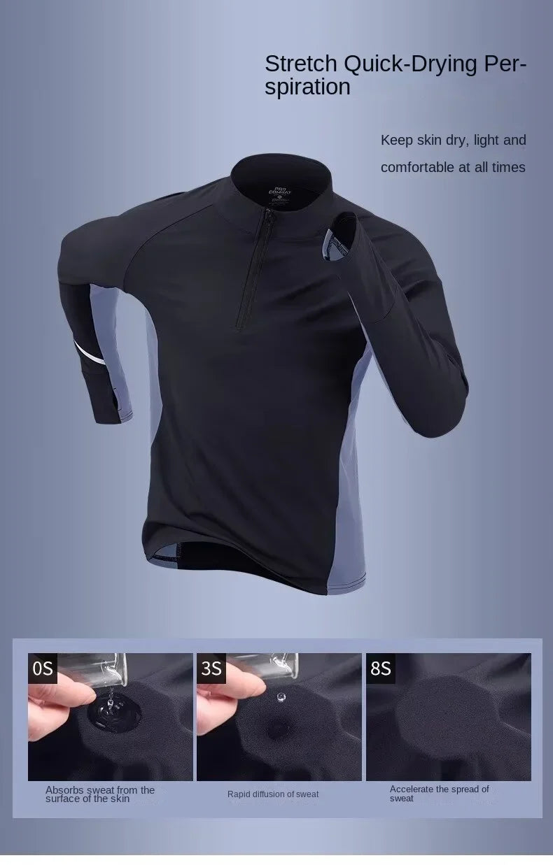 Sports quick drying long sleeved men's 2025 autumn and winter warm running T-shirt with half zipper top for outdoor cycling trai