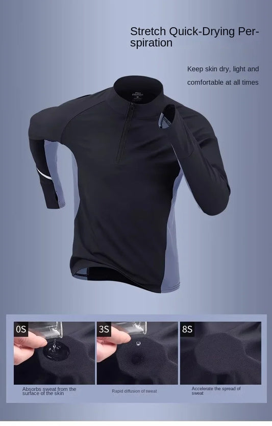 Sports quick drying long sleeved men's 2025 autumn and winter warm running T-shirt with half zipper top for outdoor cycling trai