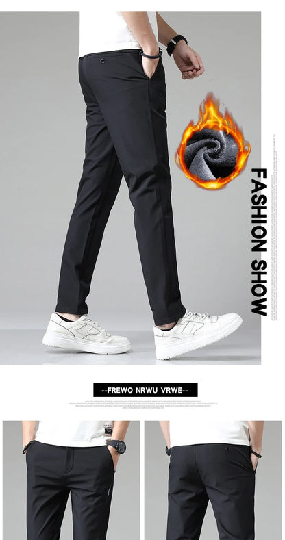 Korean Men's Warm Golf Pants Slim Straight Winter Thick Fleece Casual Pants Business Fashion Stretch Thermal Trousers Male