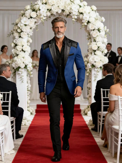 Men's Faux Suede Jacket with PU Leather Collar & Shoulder Two-Tone Blazer Contrast Trim Coat