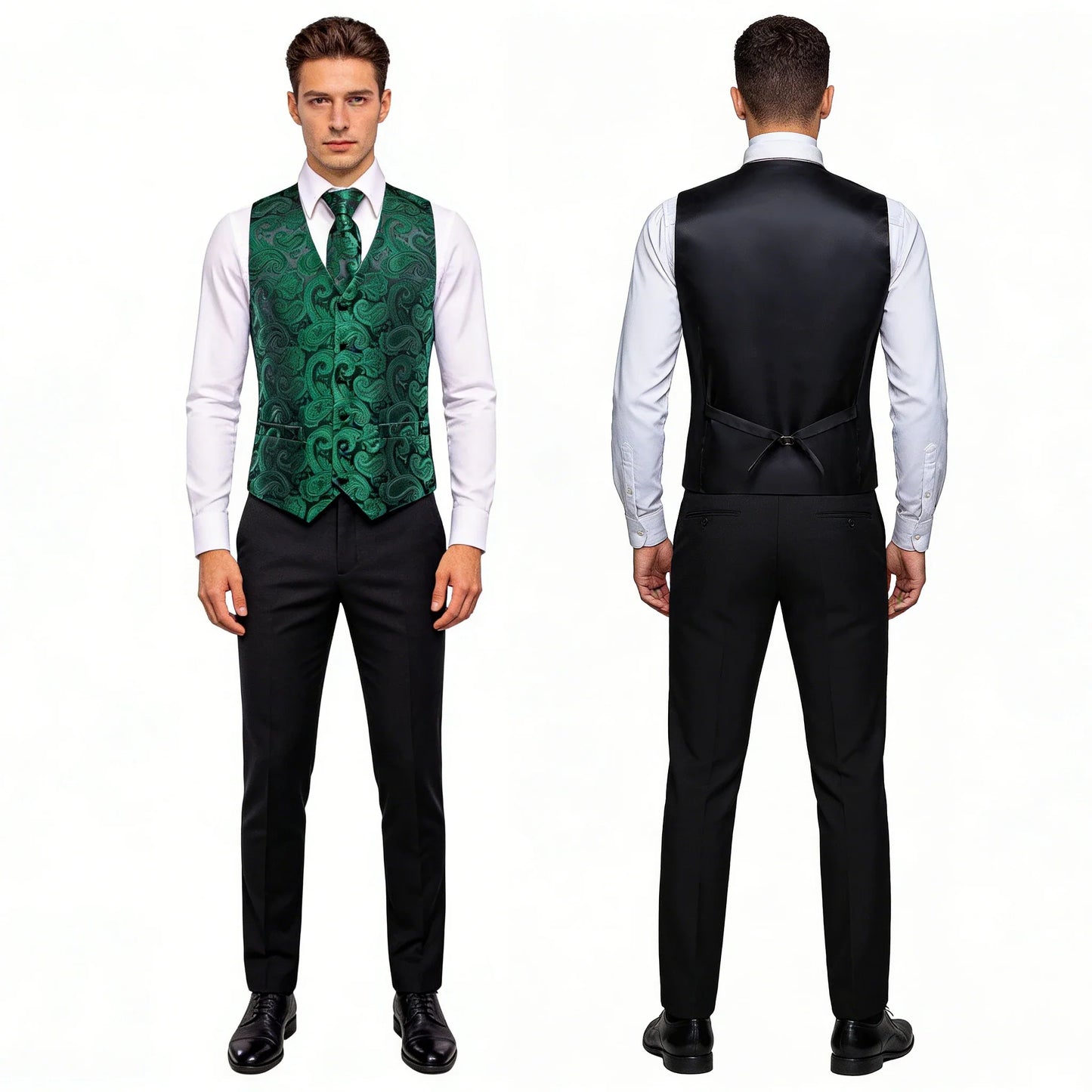 Mens Suit Vests Jacquard Woven Paisley Waistcoat Tie Hankerchief Cufflinks Set Green Teal Mint for Men Weddding Business Party