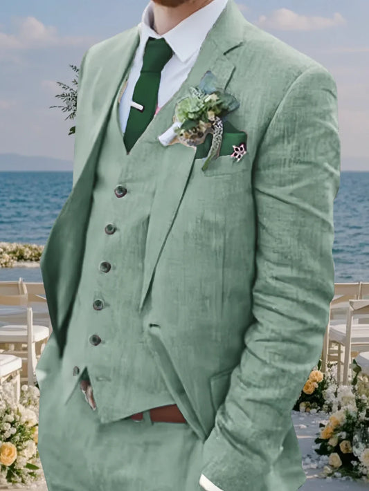 High-End Retro Linen Men Suit Beach Wedding Suit Summer Slim Fit 3 Pieces Light Weight Linen Suit Jacket Vest Pant