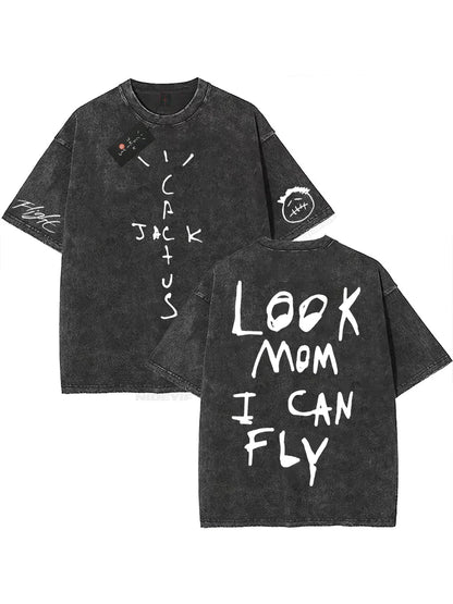 100% Cotton Oversized T Shirt For Men Women HipHop Washed T Shirts cactus jack Short Sleeve Gift Tops look mom i can fly K39
