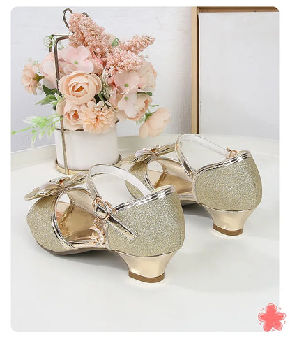 Girls Princess Sandals Summer Open-toe Elegant Children High Heels Fashion Sequins Crown Kids Causal Glitter Wedding Dress Shoes