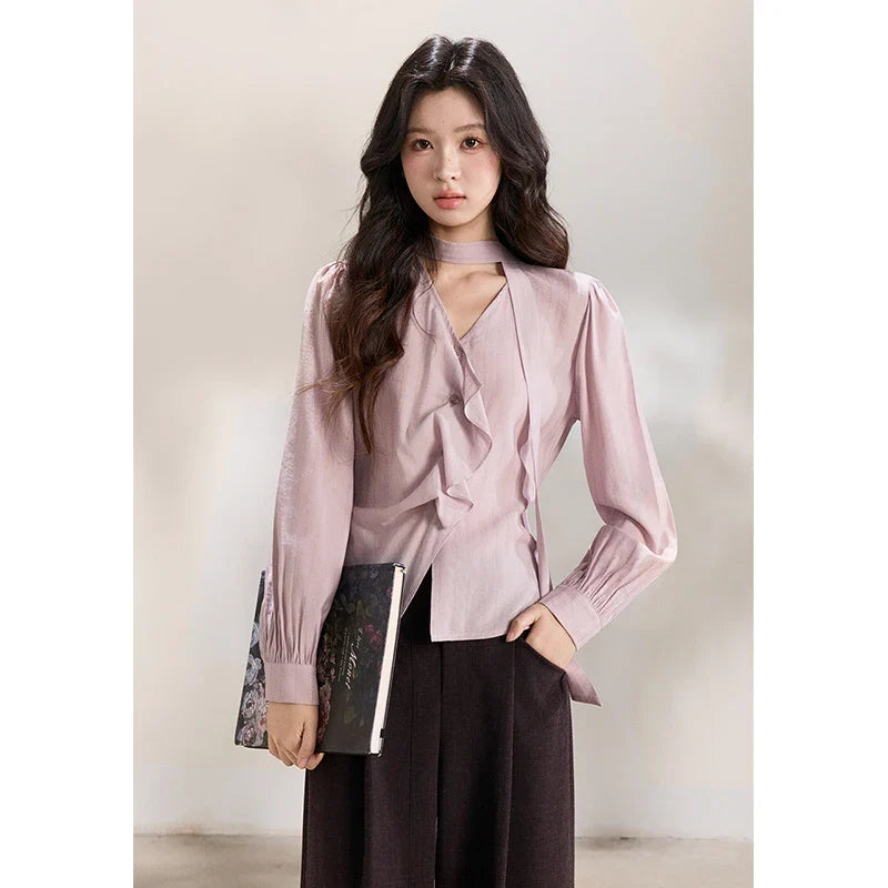 Women's Purple Sweet Shirts 2026 Spring Ribbon V-Neck Ruffled Asymmetrical Shirt Back Lace-up Waist Casual Top MXF13X2527