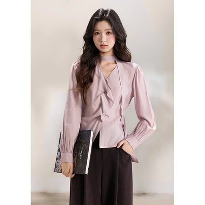 Women's Purple Sweet Shirts 2026 Spring Ribbon V-Neck Ruffled Asymmetrical Shirt Back Lace-up Waist Casual Top MXF13X2527