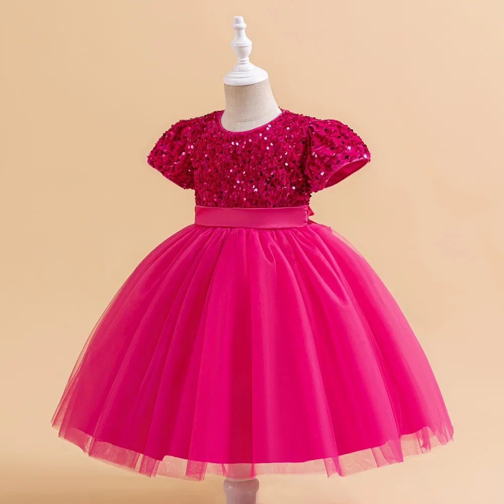 Summer Sequins Bow Party Dress For Girl Christmas Costume Elegant Wedding Princess Girls Dresses Lace Birthday Prom Gown Evening