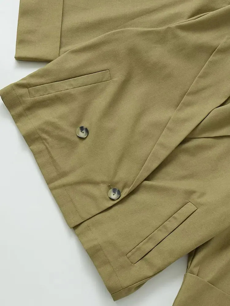 Women's Double-Breasted Loose Linen Blazer Coat Short Sleeve Pockets Chic Female Outerwear Top