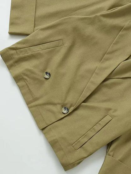 Women's Double-Breasted Loose Linen Blazer Coat Short Sleeve Pockets Chic Female Outerwear Top
