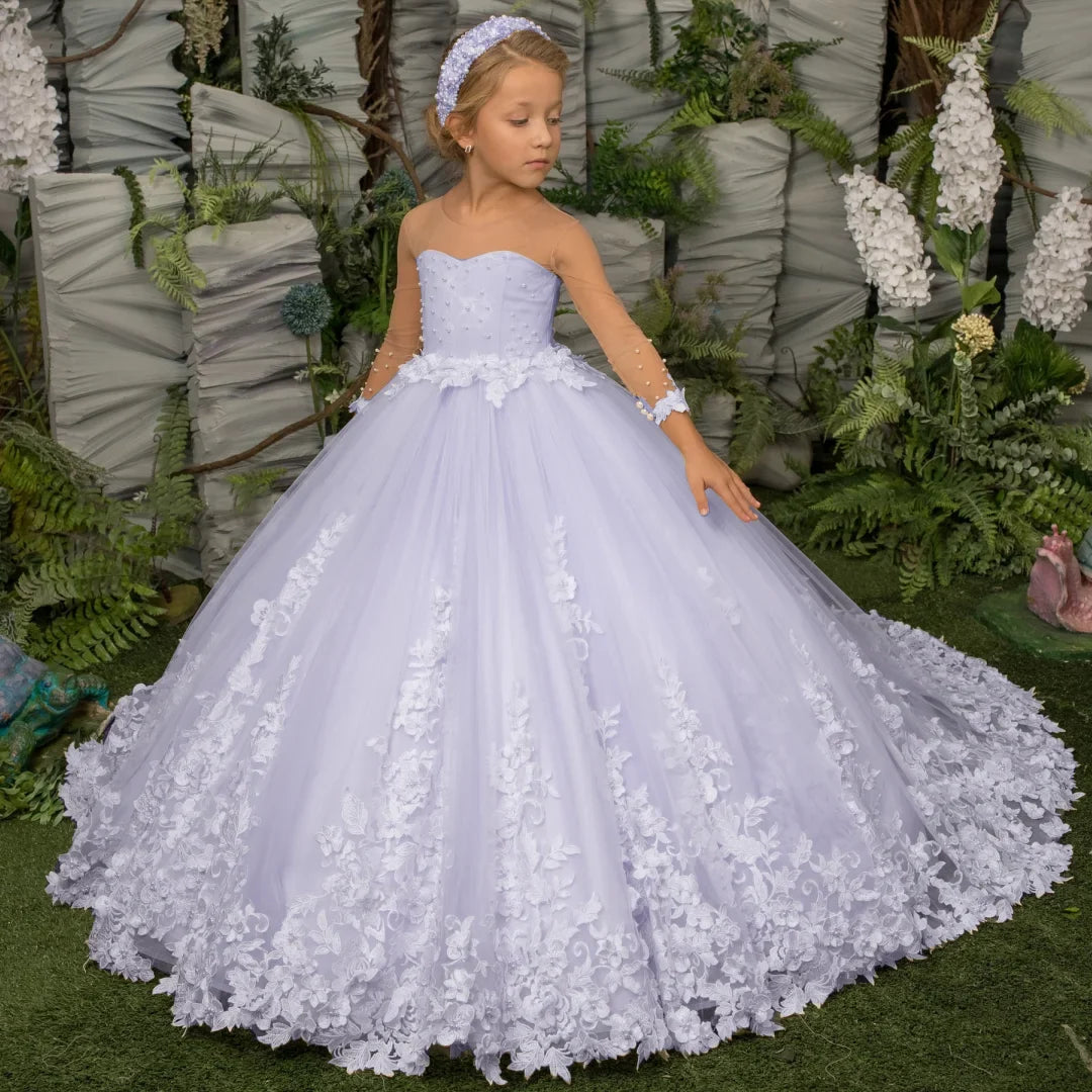 Customized Flower Girl Dress Light Champagne Pearls Floral Appliques Long Sleeve For Wedding Birthday Prom Holy Communion Gown