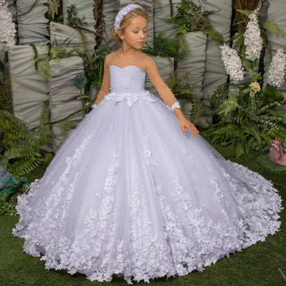 Customized Flower Girl Dress Light Champagne Pearls Floral Appliques Long Sleeve For Wedding Birthday Prom Holy Communion Gown