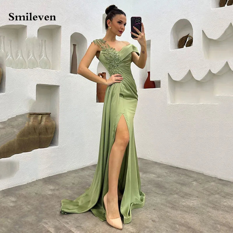 Satin Mermaid Evening Dresses Beading Lace  Saudi Arabic Prom Gowns Floor Length Formal Occasion Dress 2024 Customized