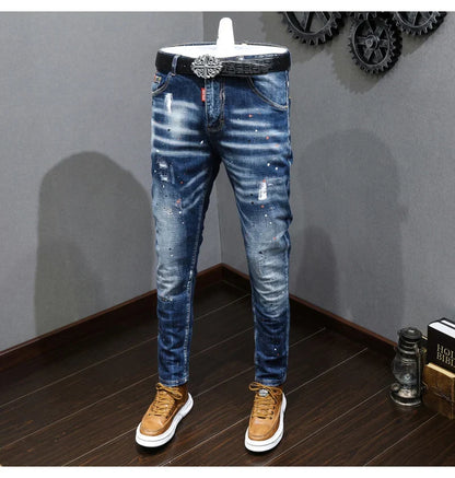 Fashion Designer Men Jeans Retro Blue Stretch Slim Fit Painted Ripped Jeans Men Korean Style Vintage Casual Denim Pants Hombre