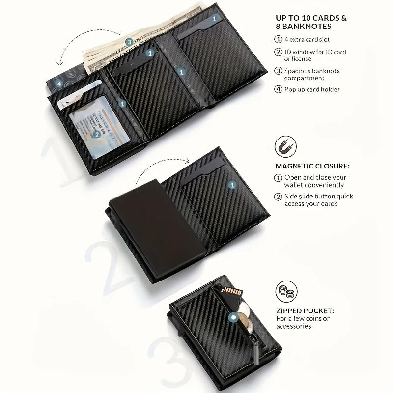 Portefeuille Homme avec Porte-Monnaie Zippé Porte-Cartes de Crédit Métallique à Éjection Automatique Bloqueur RFID Minimaliste Porte-Cartes de Visite Idée Cadeau