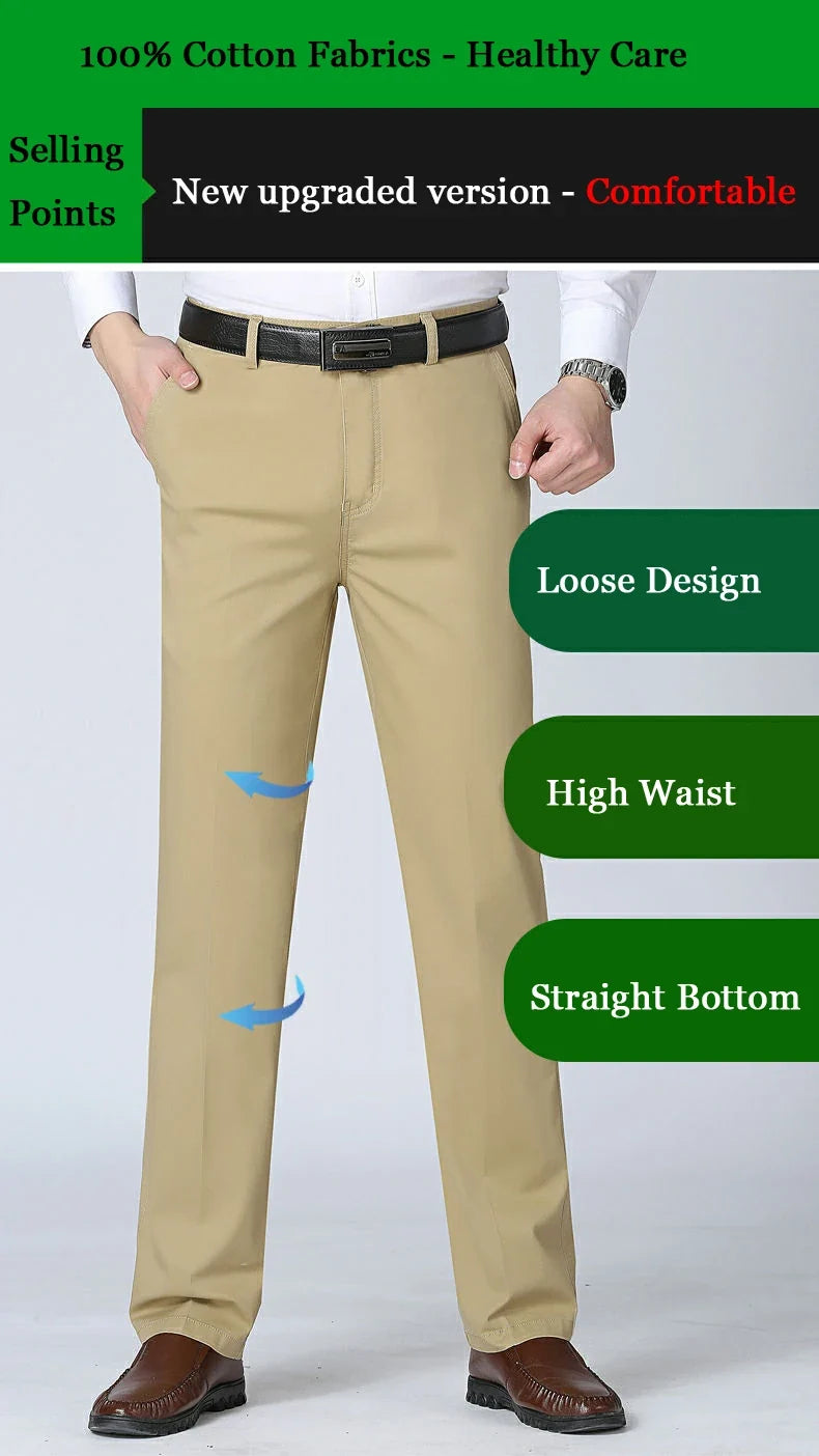 Men's Spring Autumn 100% Cotton Middle-aged Business Trousers Straight Slacks High Waist Dad's Thin Thick Casual Male Suit Pants