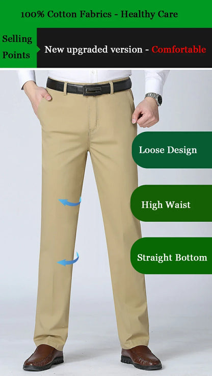 Men's Spring Autumn 100% Cotton Middle-aged Business Trousers Straight Slacks High Waist Dad's Thin Thick Casual Male Suit Pants