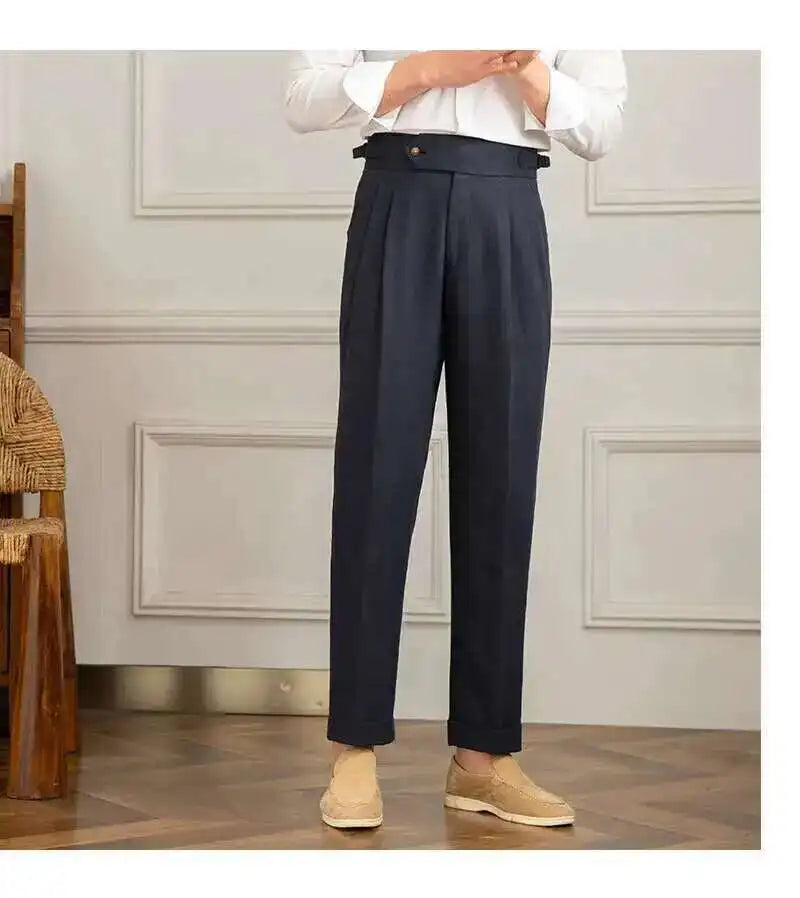 Linen Cotton High Waist Straight Casual Pants Men Versatile Naples Gentleman Pleated Pants High Quality Italian Dress Trousers