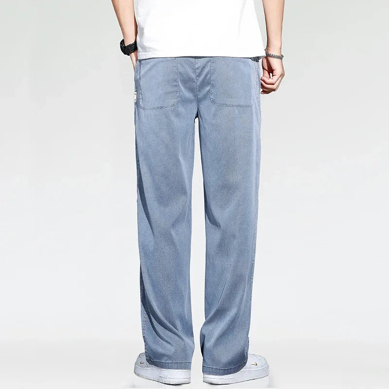 Summer Thin Loose Wide-leg Men Jeans Soft Lyocell Elastic Fashion Casual Straight Drawstring Denim Trousers Black Blue Gray