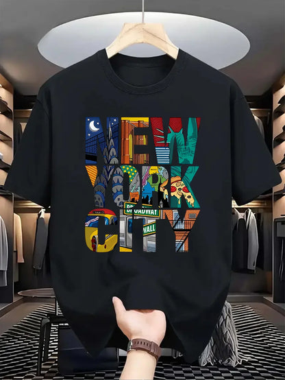 Summer men's 100% pure cotton casual loose fit plus size New York City printed comfortable round neck short sleeved T-shirt top