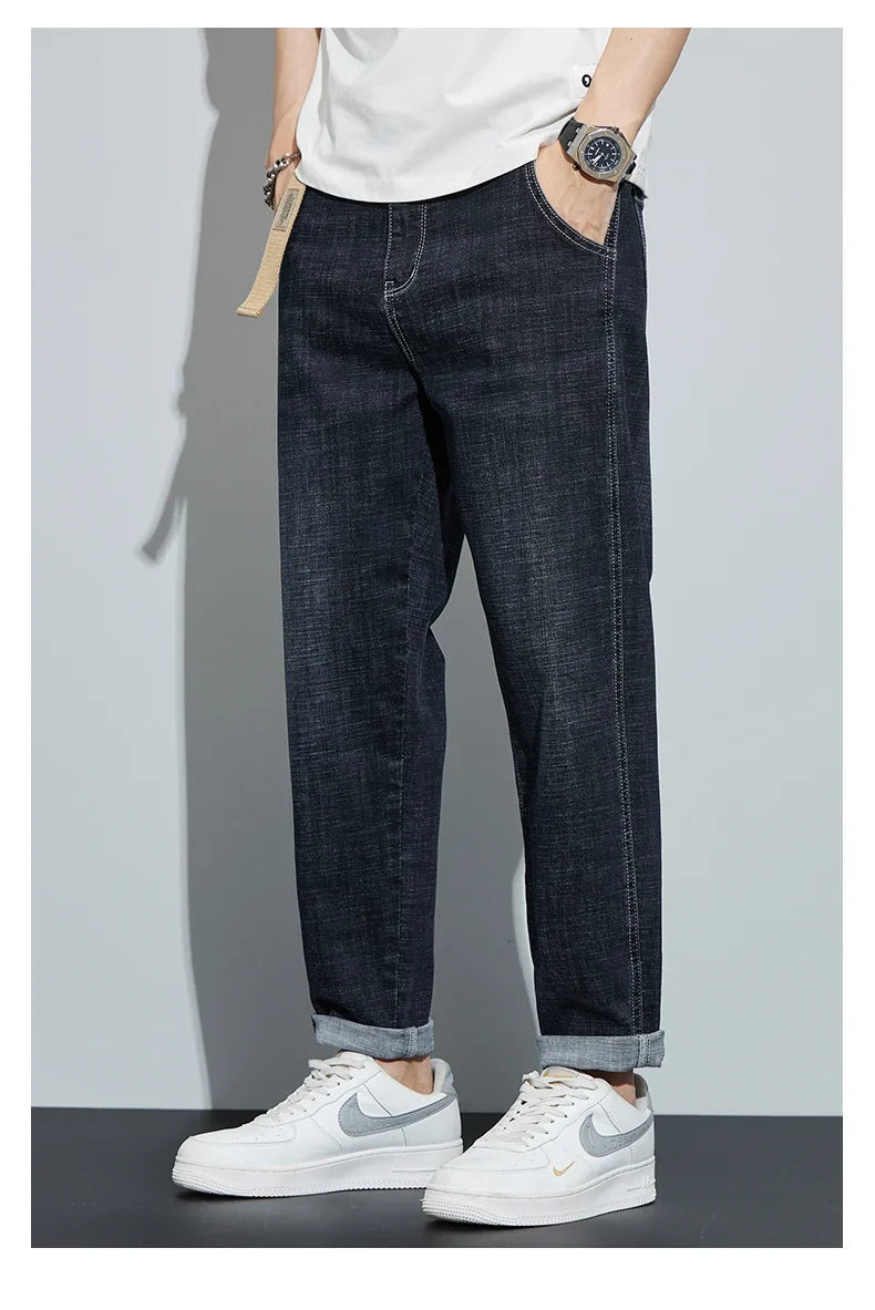 Winter Dark Blue Fleece Jeans for Men Black Loose Straight Casual Trendy Comfortable Versatile Youth Thickened Harem Pants Blue