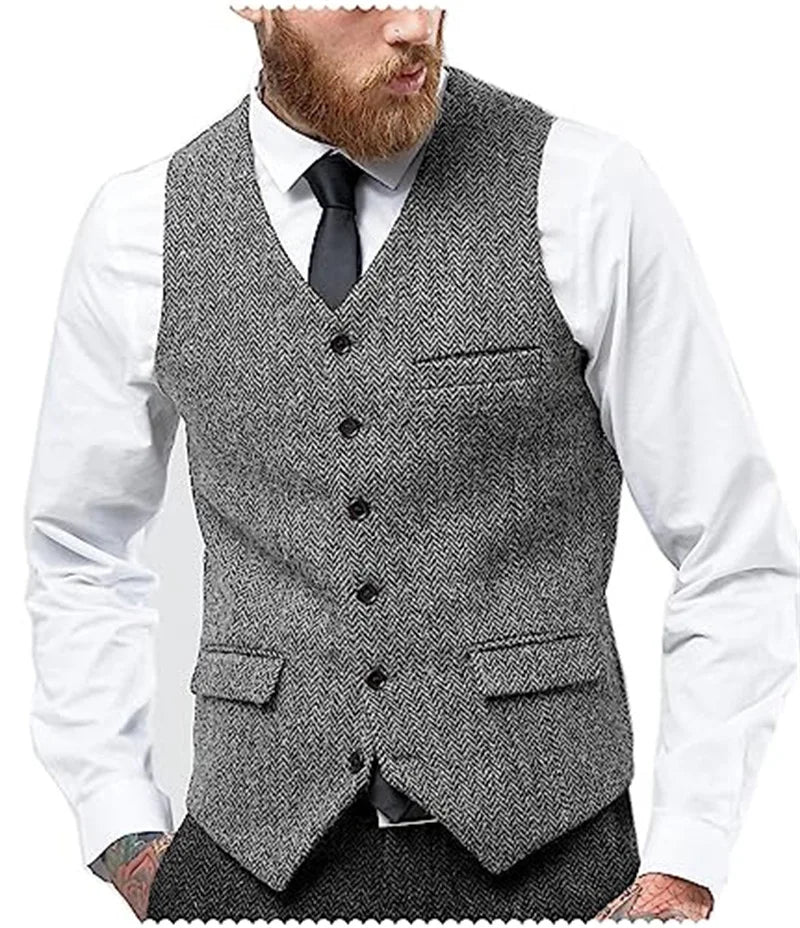 Herringbone Vest for Men Wool Tweed Waistcoat for Groom Groomsman Formal Single Breasted Males Plus Size Dress Suit Vest