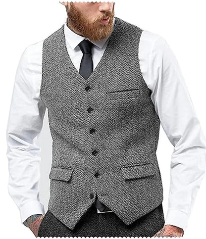 Herringbone Vest for Men Wool Tweed Waistcoat for Groom Groomsman Formal Single Breasted Males Plus Size Dress Suit Vest