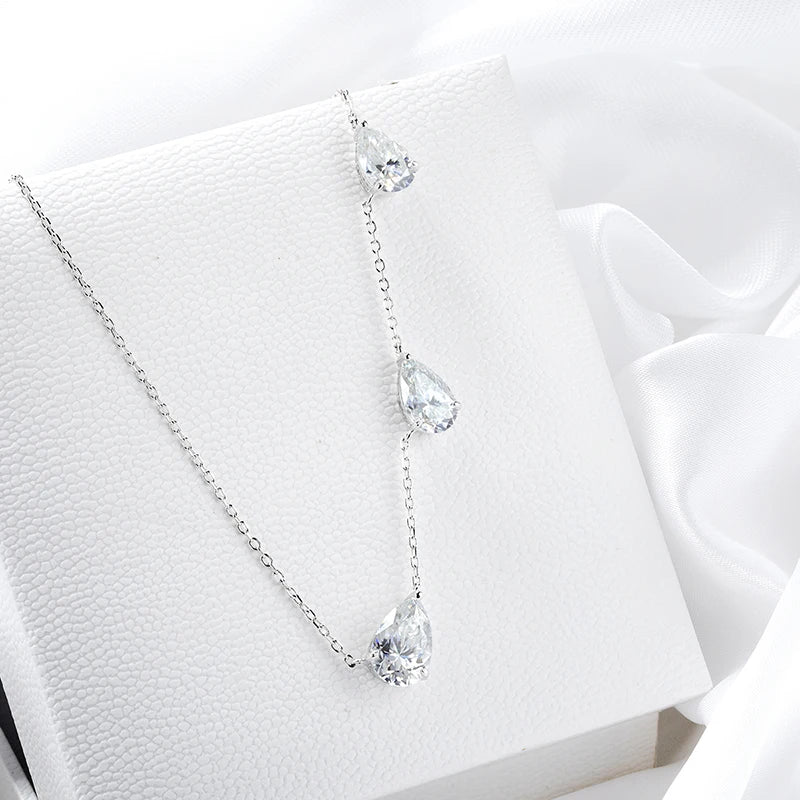 Gradient Moissanite Necklace for Women 3 Gems Pear Cut Certified Luxury Pendant Lab Diamond Jewelry Sterling Silver 925