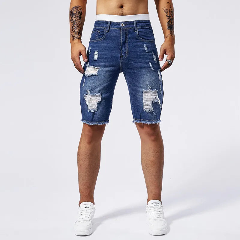 Vintage Denim Shorts Men's American Stretch Slim Jeans Fashion Ripped Streetwear Male Hole Frayed Short Pants Blue Black