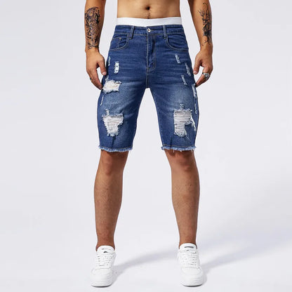Vintage Denim Shorts Men's American Stretch Slim Jeans Fashion Ripped Streetwear Male Hole Frayed Short Pants Blue Black
