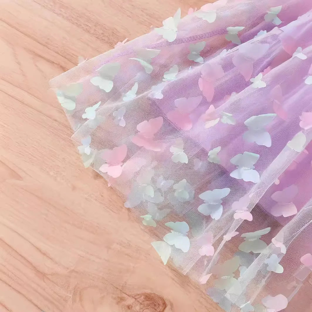 2024 Girls Purple Butterfly Dress Summer Children Colorful Mesh Dress Baby Sling Wings Princess Dress for Birthday 3-8T