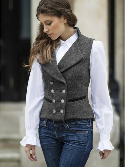 Women Vest Gray Fashion Vintage Herringbone Double Breasted Slim Fit Sleeveless Jacket Suits Profession Casual Work Vest Women