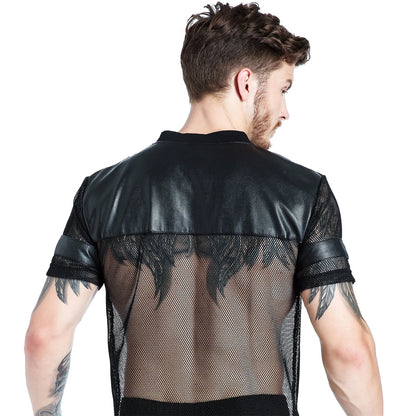 Sexy Men Fishnet T-Shirt PU Faux Leather Mesh Shirts See Through Tops Tee Transparent Short Sleeve Stage Clubwear
