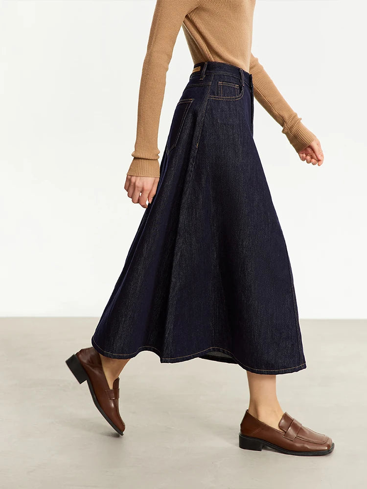 Minimalist Women Denim Skirt 2025 Autumn New French Retro Loose Basics Casual A-line Office Lady Cotton Midi Skirt 12343070