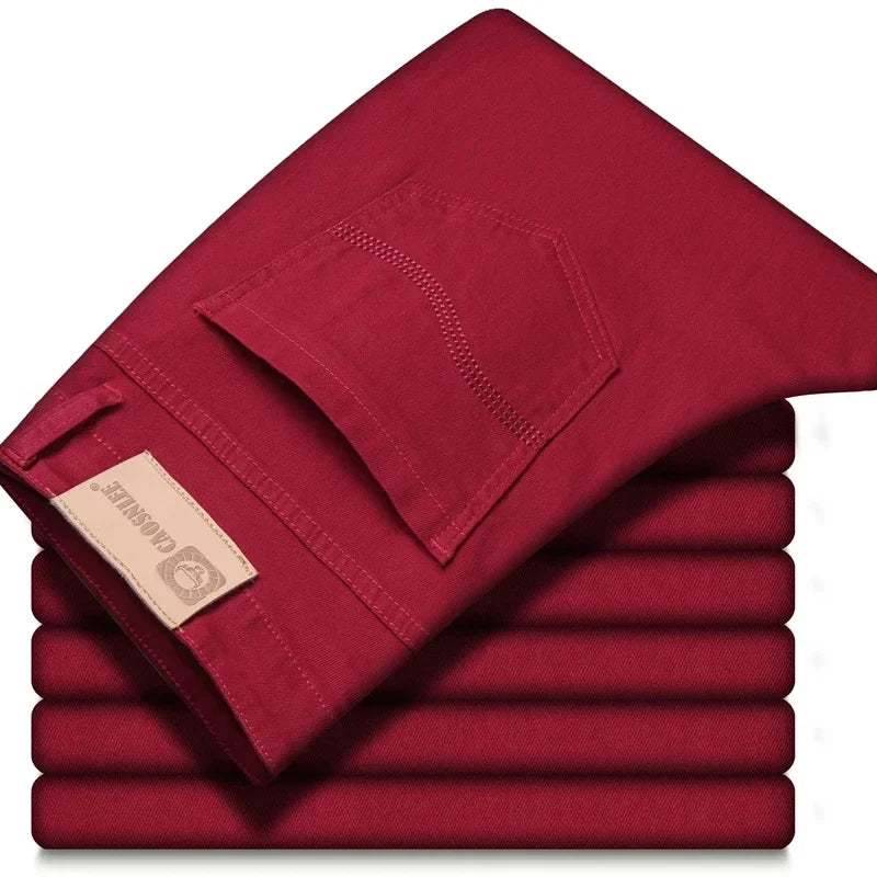 Brand Classic Style Men's Wine Red Jeans Fashion Business Casual Straight Denim Stretch Trousers Male Denim Pants Korean reviews