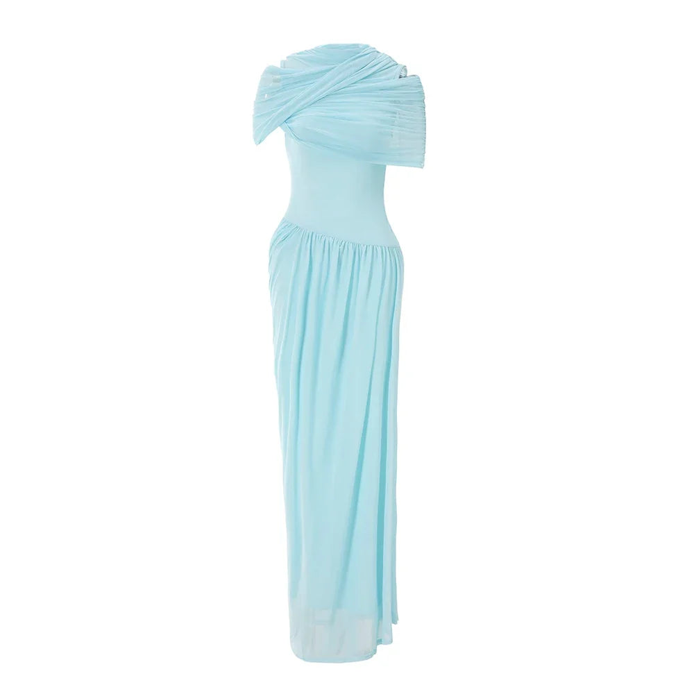 Women Elegant Bodycon Maxi Dress Ruffled Long Mesh Dress Sexy Blue Vacation Wedding Guest Party Dresses