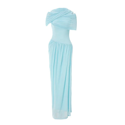 Women Elegant Bodycon Maxi Dress Ruffled Long Mesh Dress Sexy Blue Vacation Wedding Guest Party Dresses