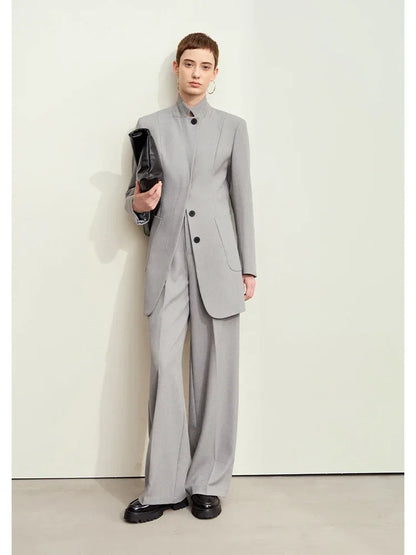 Minimalism 2024 Autumn Jackets for Women New Stand Collar Slim Female Vintage Quality Shoulder Pad Tailored Coat 12443066