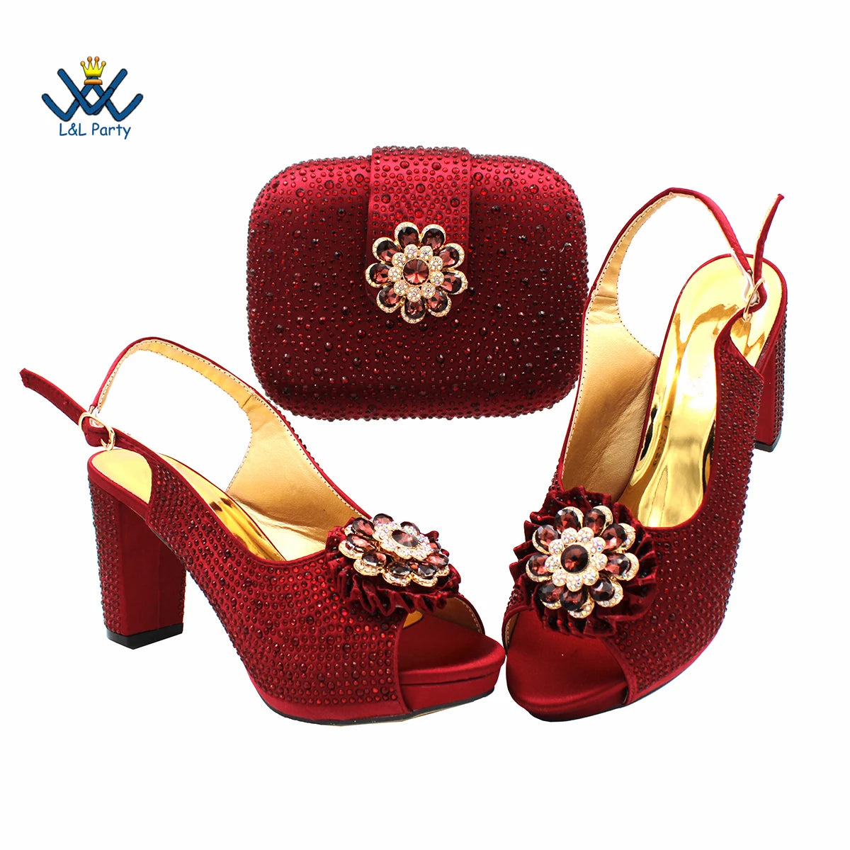 2022 Sweet  Special Design Women Crystal Style African Ladies Party Shoes Matching Bag in Magenta Color