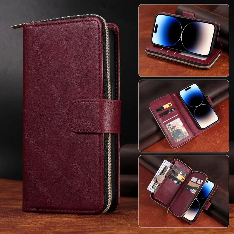 Double Layer Zipper Wallet Case with 9 Card Slots for iPhone 16 16E Pro Max 15 14 Plus13 12 Pro Max PU Leather Flip Cover