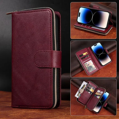 Double Layer Zipper Wallet Case with 9 Card Slots for iPhone 16 16E Pro Max 15 14 Plus13 12 Pro Max PU Leather Flip Cover
