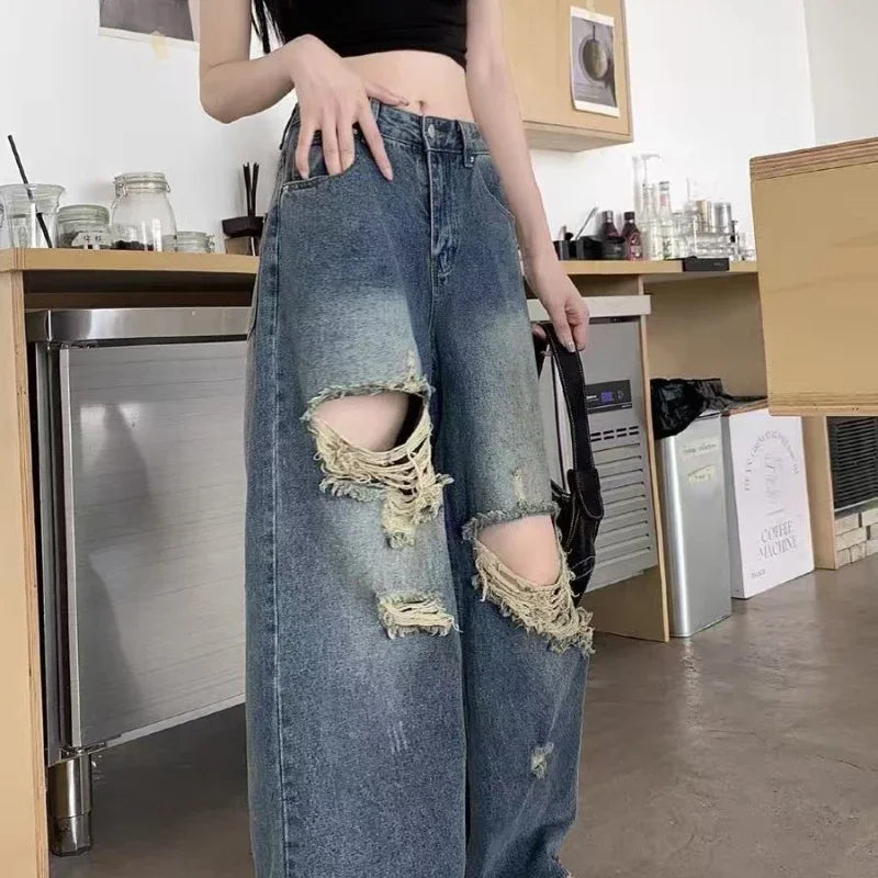 Casual Denim Pant Women Jeans Vintage Straight Trousers Autumn Spring Fashion Female Blue Wide Leg Pants Hole Jeans