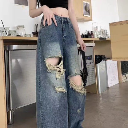 Casual Denim Pant Women Jeans Vintage Straight Trousers Autumn Spring Fashion Female Blue Wide Leg Pants Hole Jeans