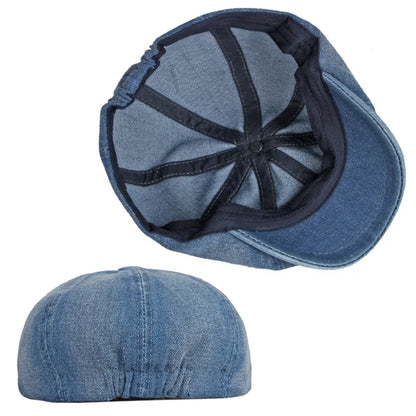 Men's Octagonal Hat Casual Solid Eight-blade Berets Washed Denim Newsboy Cap Women Painters Hat Peaked Herringbone Flat Cap