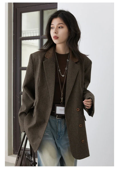 Women's Woolen Blazer Loose Retro Single Breasted Female Jacket Mid Length Plaid Coat for Woman Autumn Winter 2024