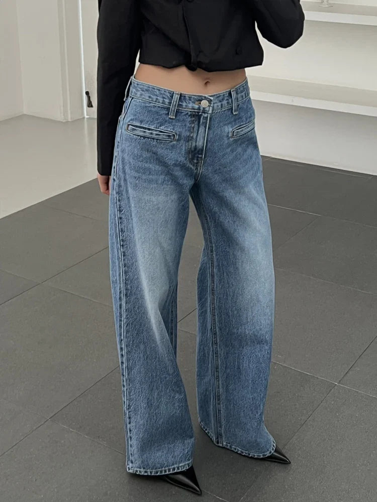 Retro High Waist Slim Fit Blue Jeans Women's Autumn Winter Straight Leg Long Pants Wide Leg Pants Classic Waed Denim