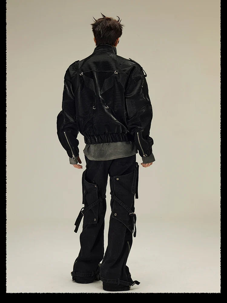 Spring Autumn Cool Short Shiny Black Crocodile Print Pu Leather Jacket Men Luxury Designer Y2K Streetwear Clothes