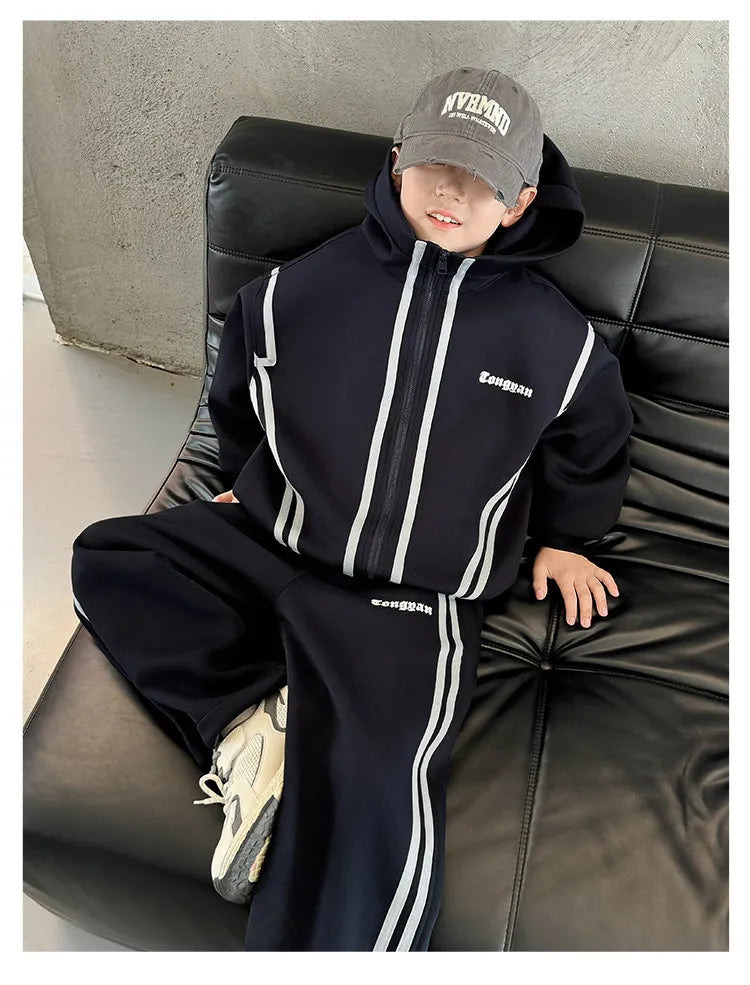 SpringAutumn Boys Navy Striped Zip Sweatshirt Jacket+Sweatpant Work Set School Kids 2PCS Tracksuit Children Jogger Outfit 5-16Yr